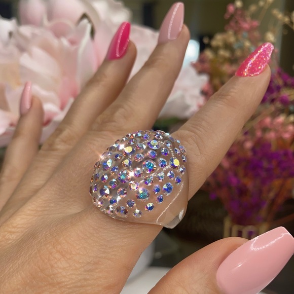 Clear Acrylic Ring Embellished With Aurora borealis Swarovski Crystal stones. - Picture 3 of 12